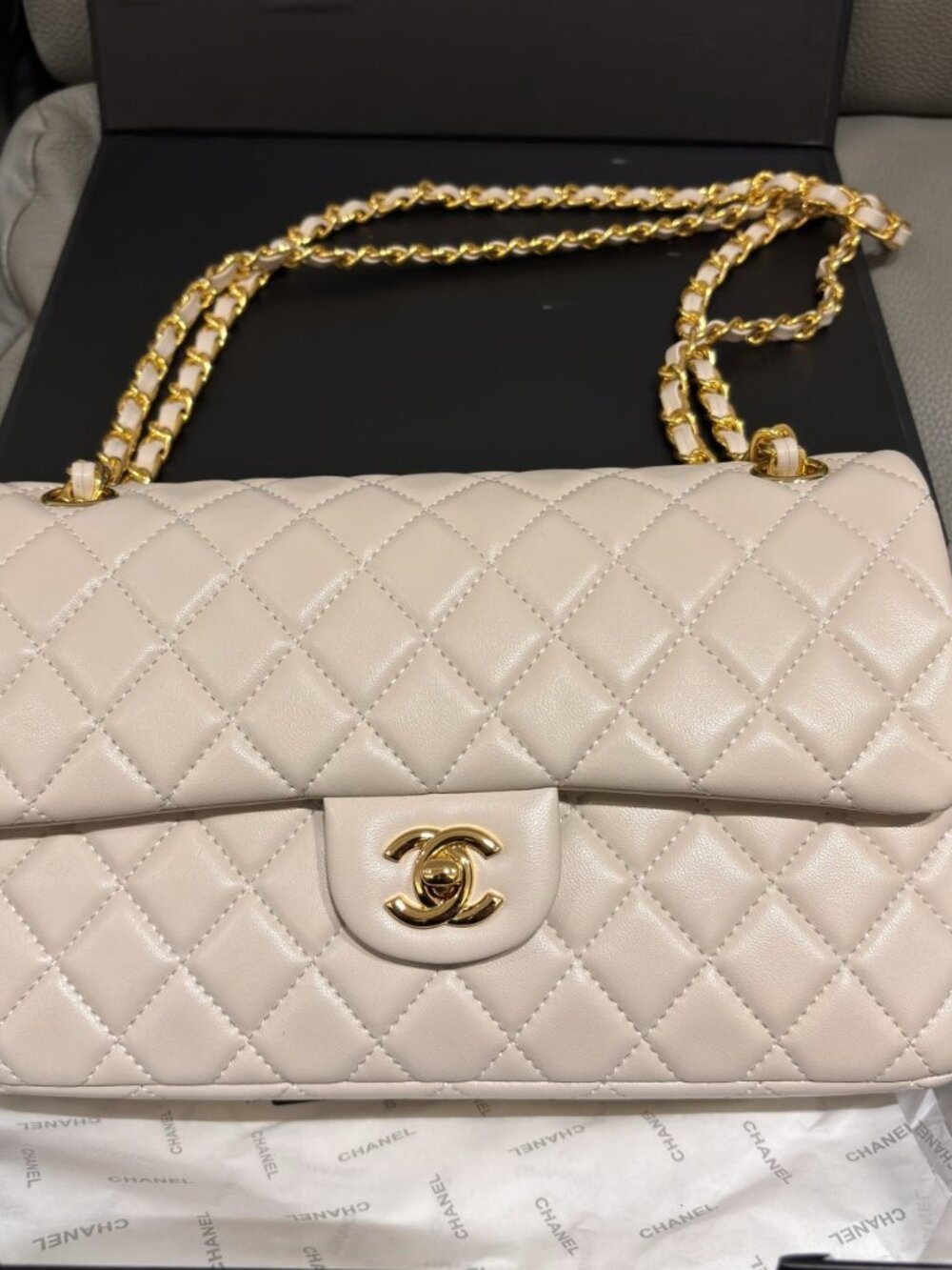 Chanel Medium Classic Flap White Lambskin Gold